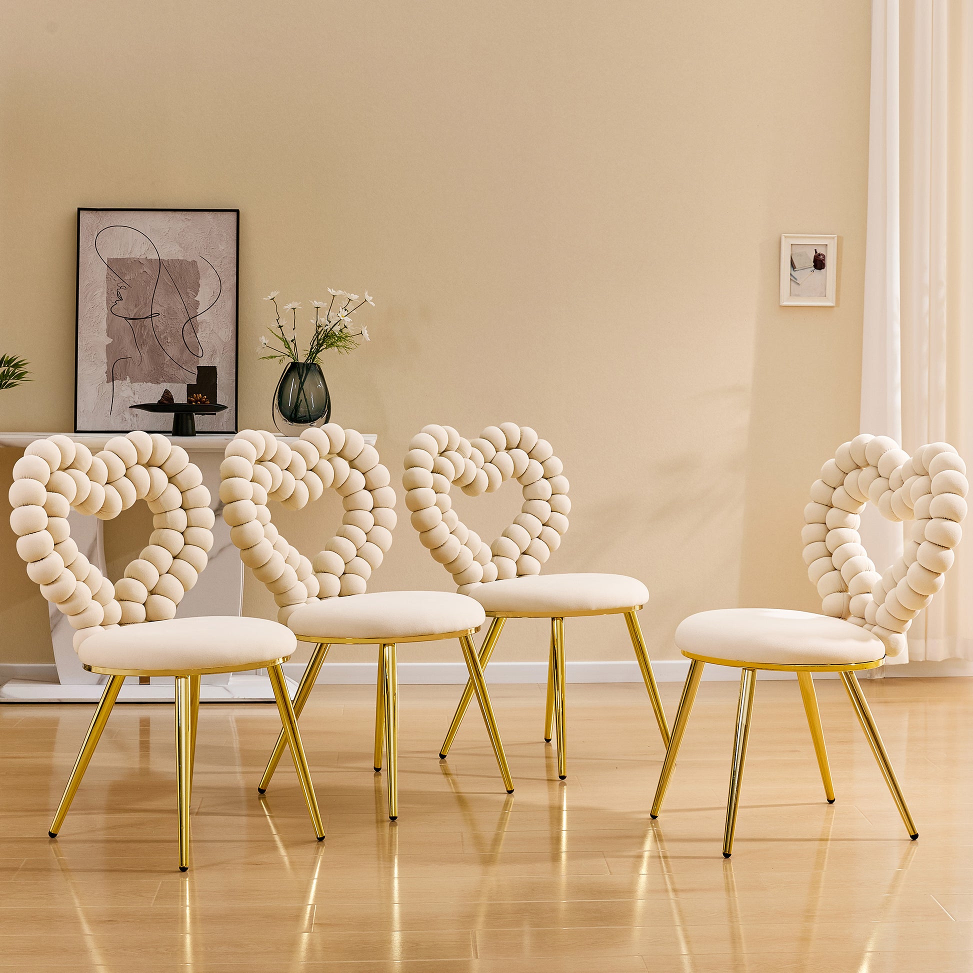 Set of 2 Unique Heart Bubble Tufted Accent Chair, Plush Velvet Chair with Shiny Gold Metal Frame, Cute & Modern Seating for Home Decor image 4