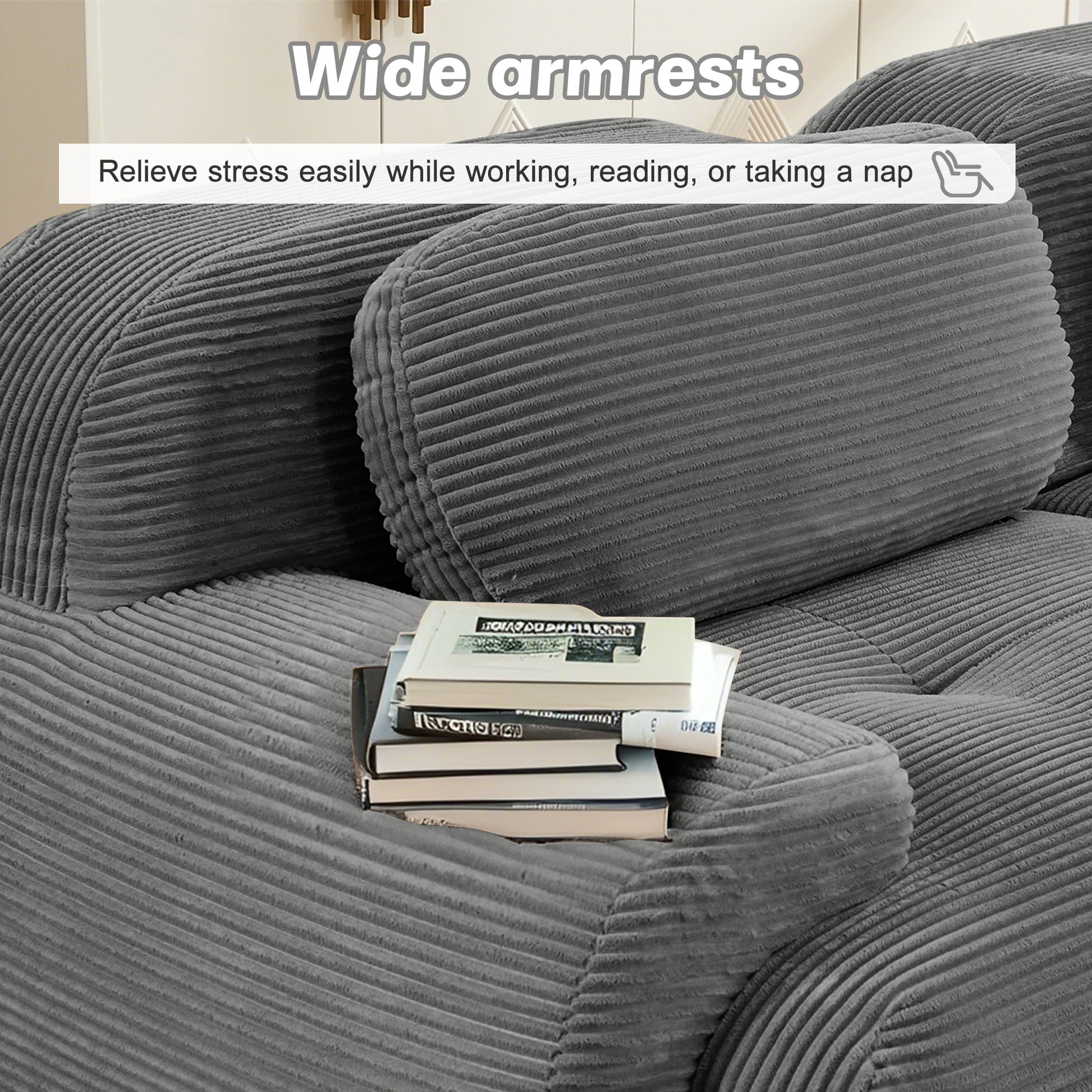 L-shaped modular sofa no assembly ergonomic design pet-friendly luxuryCorduroy Fabric fabric extra-wide curved armrests 32D high-resilience sponge for living rooms bedroom,Grey image 8