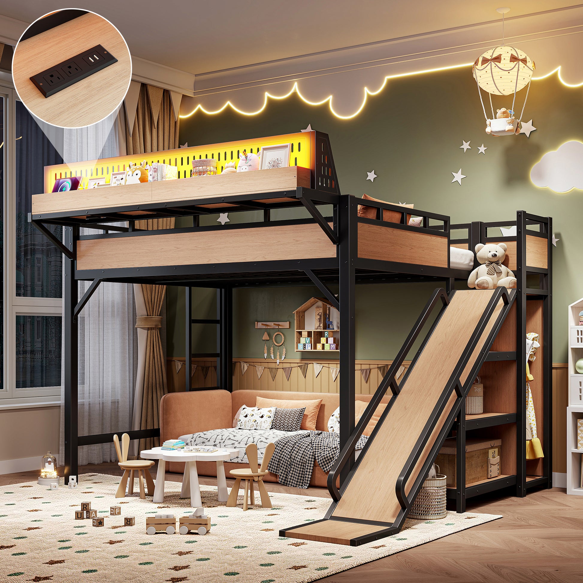 Queen Size Loft Bed with Slide, Storage Shelves and Built-in Wardrobe, Metal Loft Bed Frame with USB Ports and LED Lights, with Pegboard, Safety and Solid, Natural image 1
