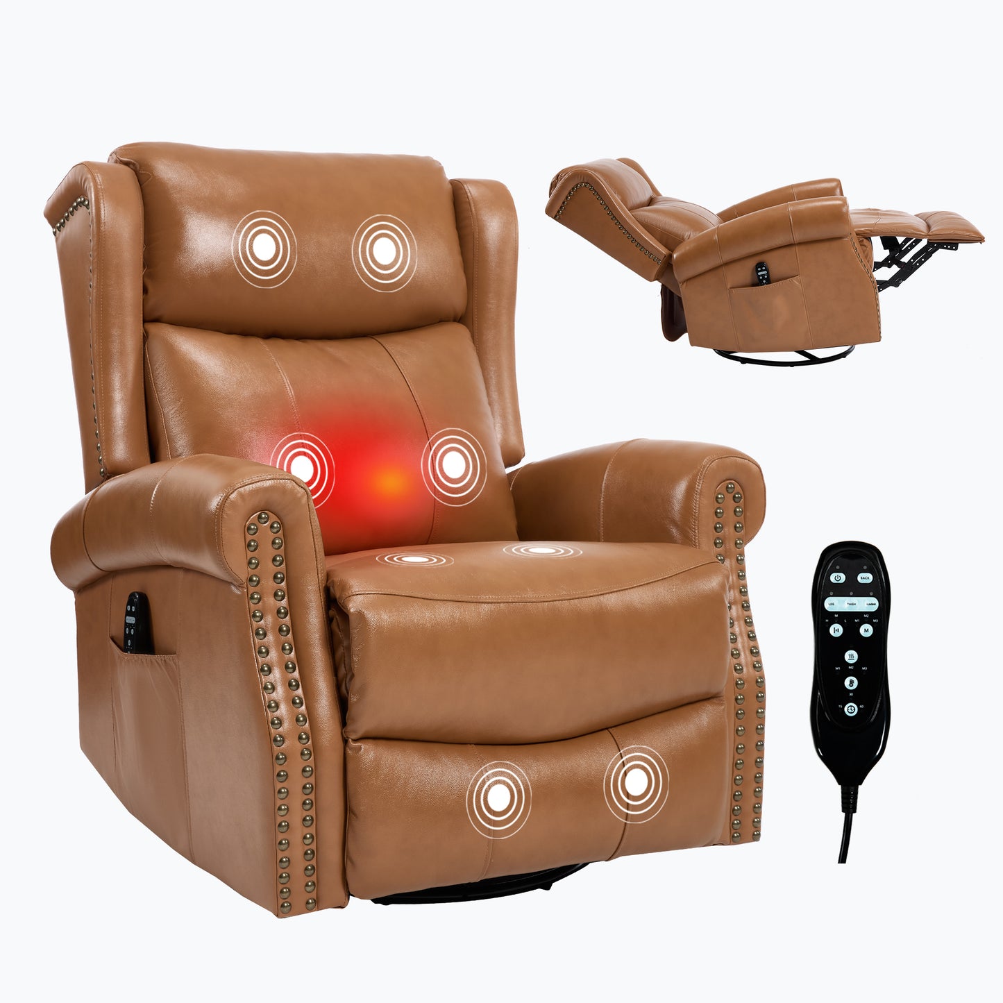 Heat Massage Manual Recliner Chair with Rocker and Swivel in Genuine leather for Living Room, Yellow image 5