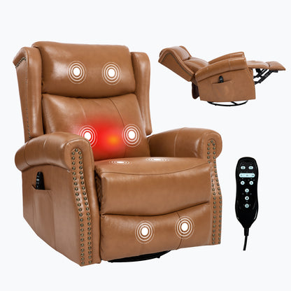 Heat Massage Manual Recliner Chair with Rocker and Swivel in Genuine leather for Living Room, Yellow image 5