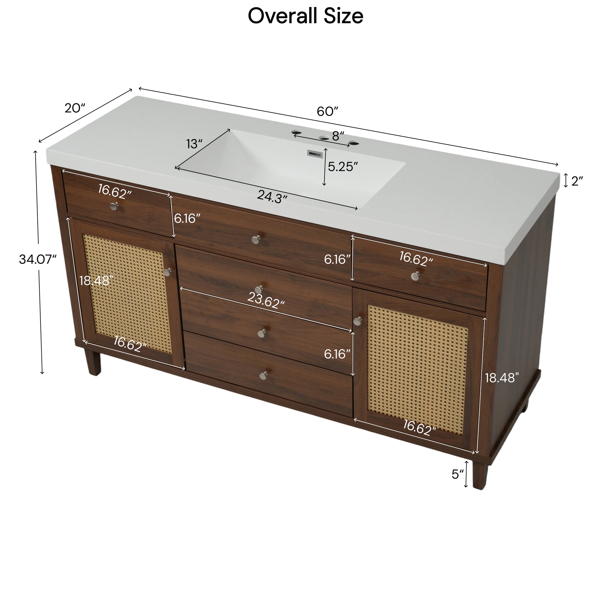 60" Bathroom Vanity with SMC Sink, Modern Large Storage Bathroom Storage Cabinet with Soft Close Drawers and Rattan Doors, Silver Metal Knobs and 5 Pine Legs, Brown image 11