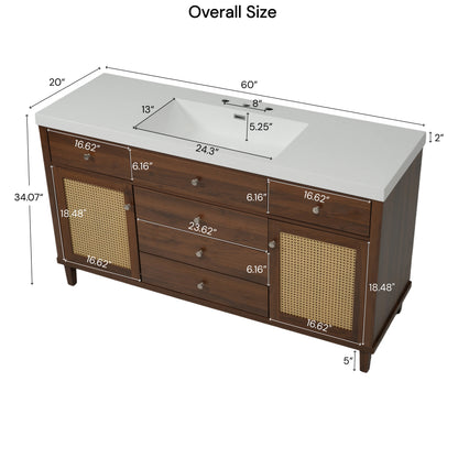 60" Bathroom Vanity with SMC Sink, Modern Large Storage Bathroom Storage Cabinet with Soft Close Drawers and Rattan Doors, Silver Metal Knobs and 5 Pine Legs, Brown image 11