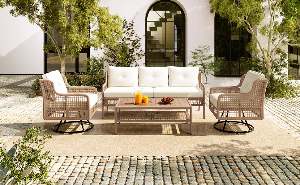 <Old SKU: N704G201247A> 4 Pieces Patio Furniture Set with Swivel Chairs, Outdoor Wicker Sofas for 5-person, Sectional Rattan Outdoor Conversation Set for Poolside Backyard Deck, Beige image 7