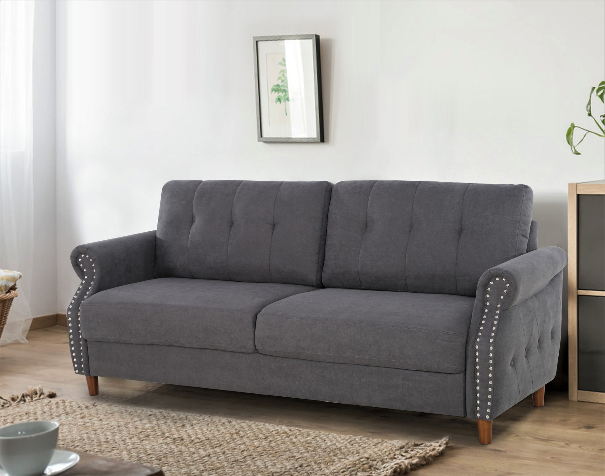 Transitional Button Tufted Loveseat Sofa, Rolled Arm with Nailhead Trim Polyester Fabric 3-Seater Couch, Solid Pine Frame Round Rubber Legs for Living Room, Multi Colors Option image 3