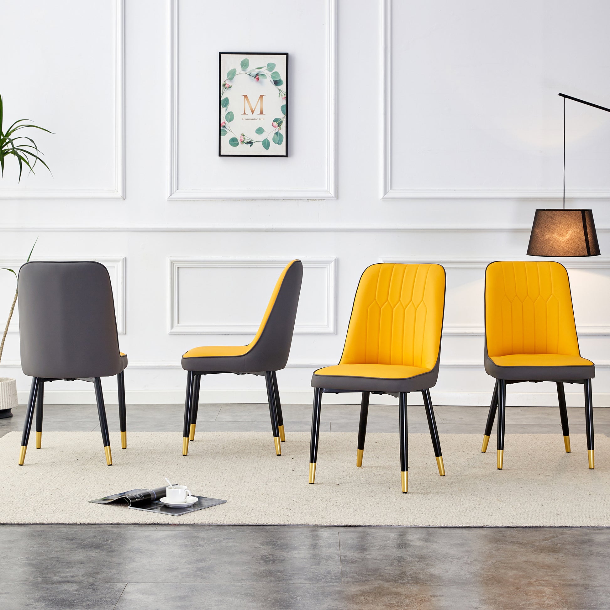 A modern dining chair with orange yellow dark gray dual tone PU leather backrest and black metal legs, suitable for kitchens, bedrooms, and offices. Set of 4 pieces (orange yellow, dark gray+PU)C-007 image 3