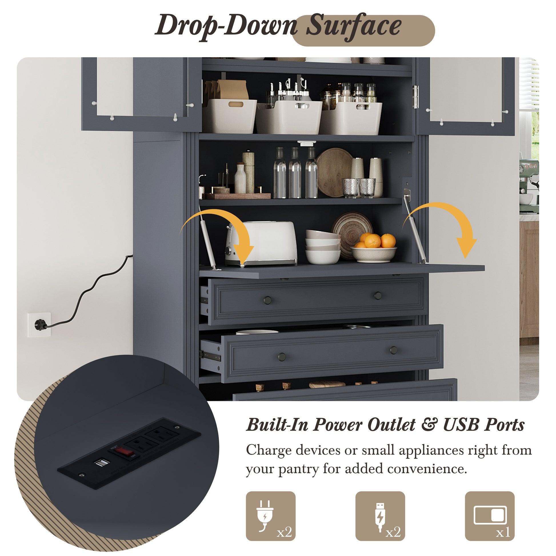 [Assembly Video Provided] TOPMAX 36x16.5x78inch Freestanding Kitchen Pantry Storage Cabinet,Multifunctional Cupboard with 3 Drawers,Adjustable Shelves and Power Outlet for Dining and Living Room,Grey image 11