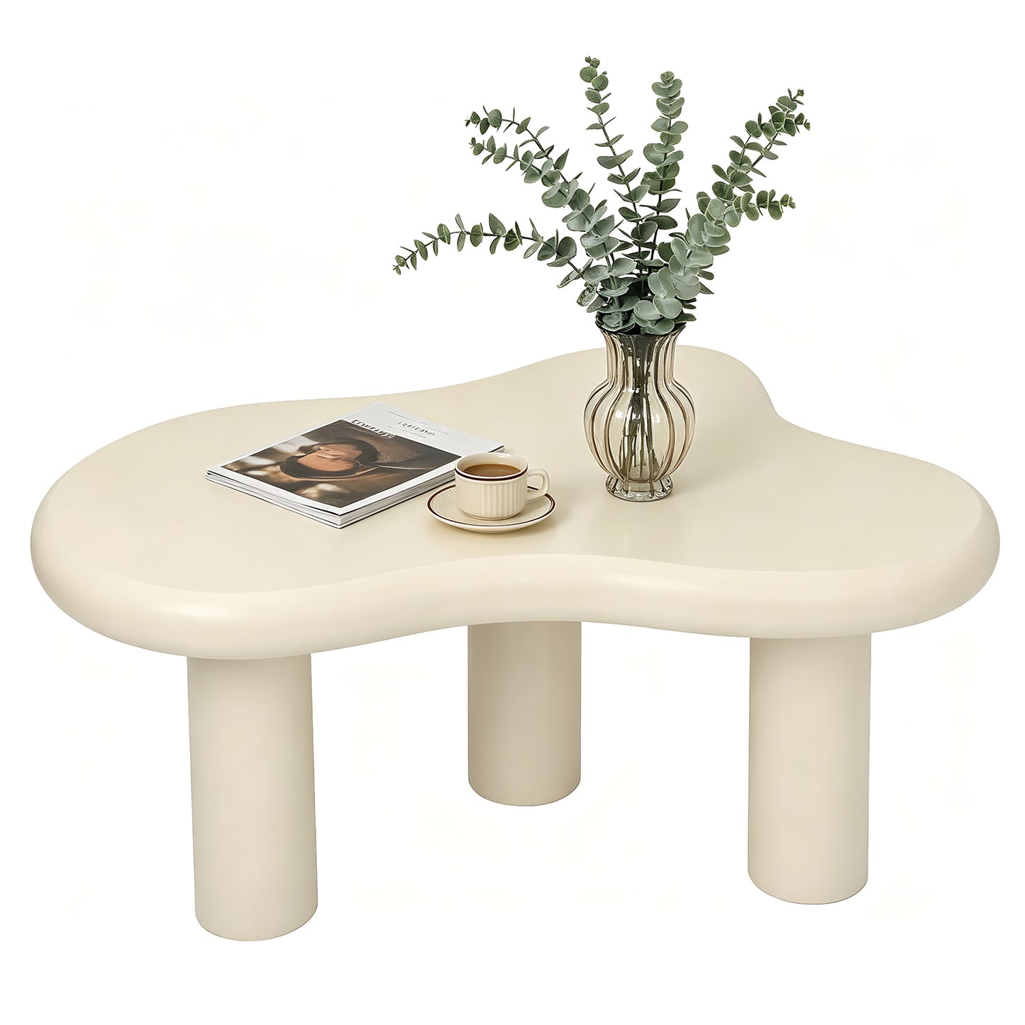 Cloud Coffee Table, Modern Wood Coffee Table for Living Room, Accent Center Tables with 3 Legs, Small Tea Tables for Balcony, Patio, Bedroom, Cream White image 1