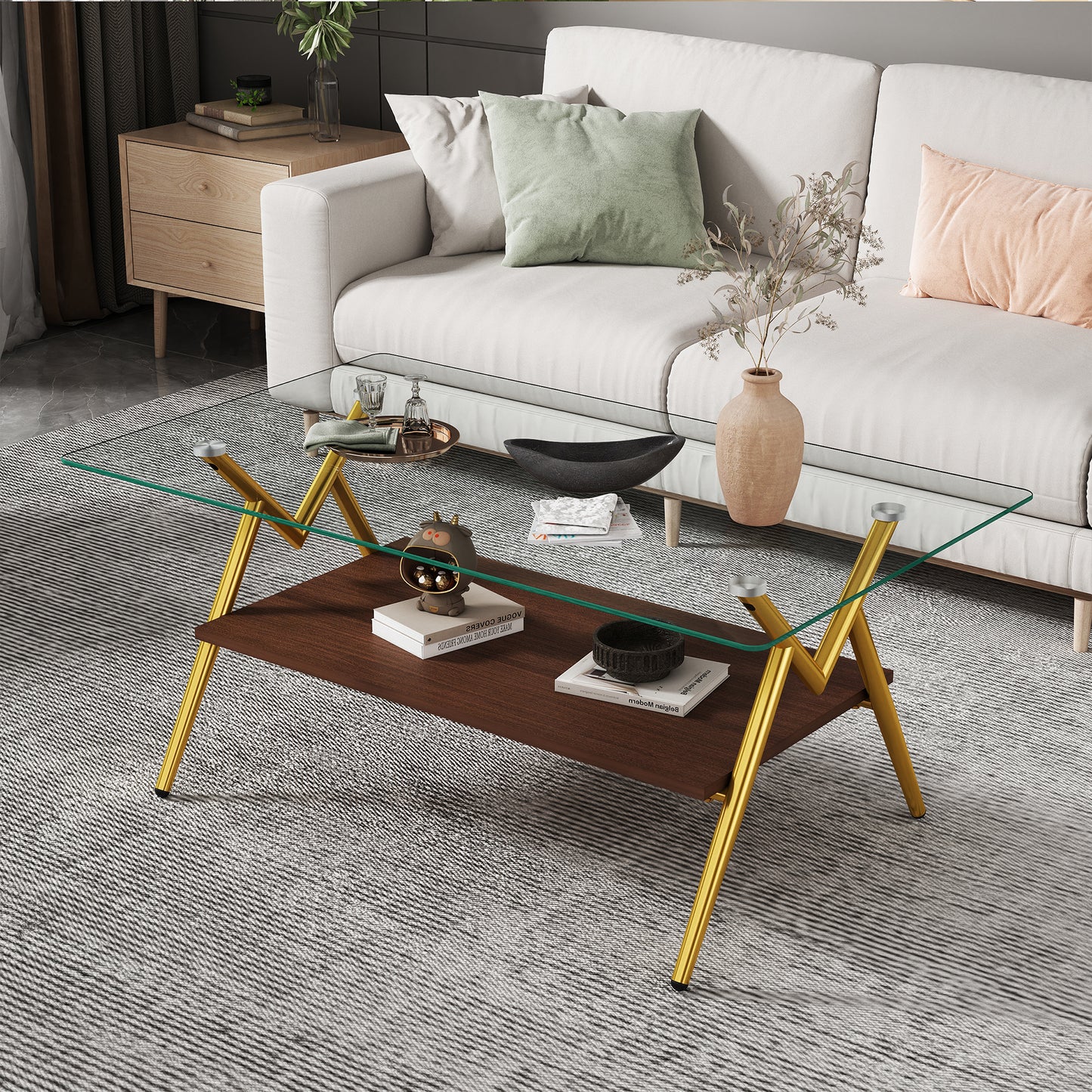 Rectangle Coffee Table with Tempered Glass top and Golden Metal Legs, Modern Table for Living Room, Transparent Glass image 1
