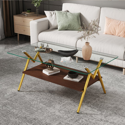Rectangle Coffee Table with Tempered Glass top and Golden Metal Legs, Modern Table for Living Room, Transparent Glass image 1