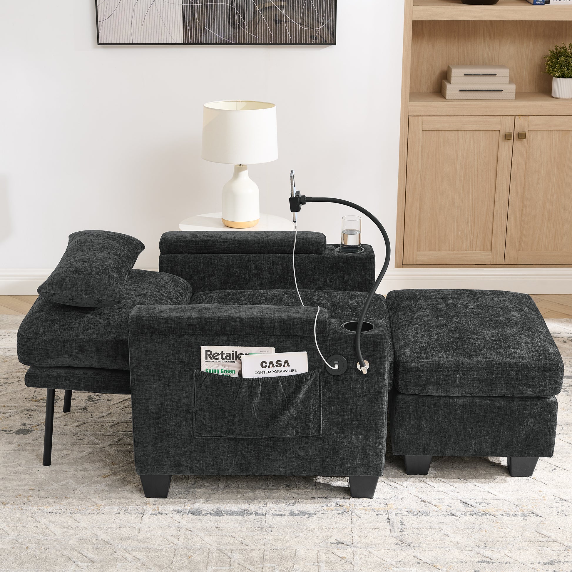 Single sofa recliner with manually adjustable backrest, USB charging port on the armrest side, phone stand included, hidden armrest storage, and a matching storage ottoman-Black image 4