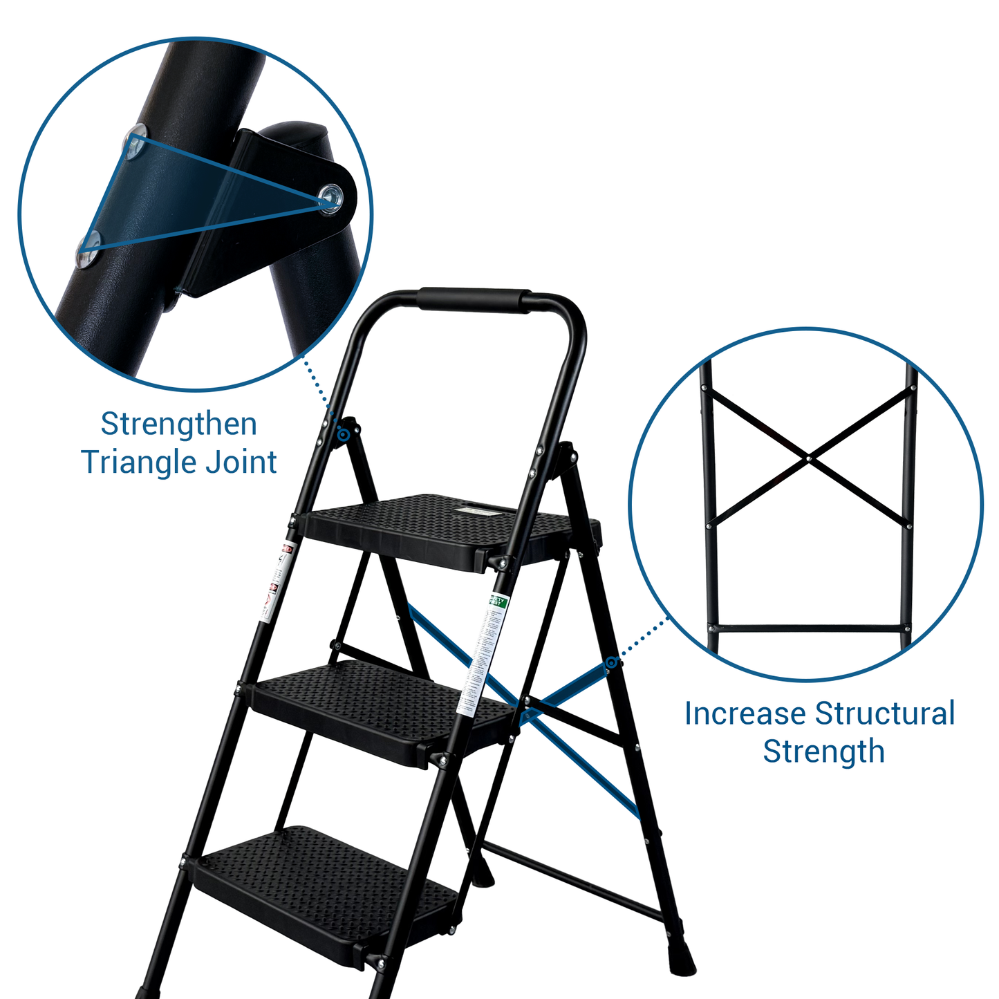 3 Step Ladder, Folding Step Stool with Wide Anti-Slip Pedal, Sturdy Steel Ladder, Lightweight, Portable Steel Step Stool image 6