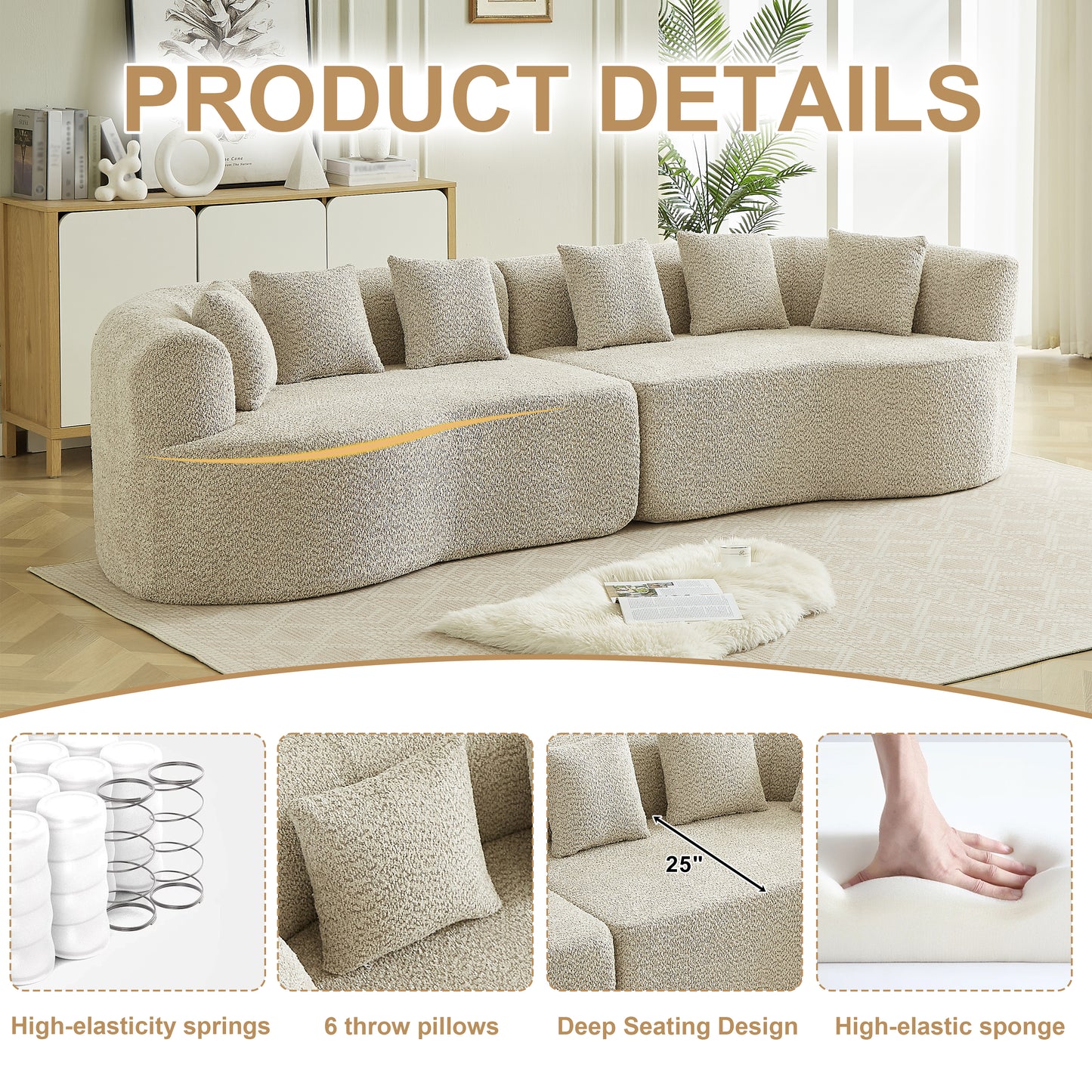 Curved Sectional Sofa, 111.5-inch Oversized Modern Bone-Free Cloud Sofa with 6 Pillows Luxury Chenille Four-Seater Memory Foam Sofa with Deep Seat Design, Light khaki W3505P355582 image 5