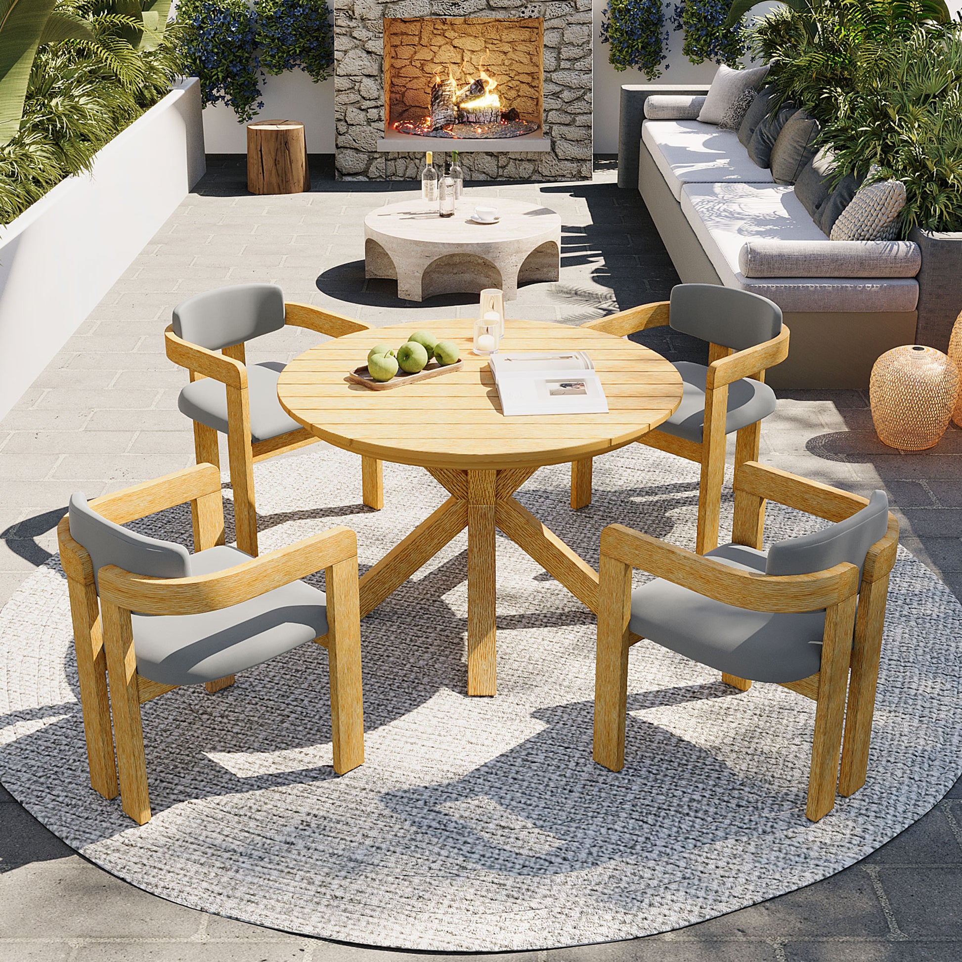 5-Piece Outdoor Acacia Wood Round Dining Set, Solid Wood Patio Table with 4 Barrel Chairs, Cushioned Seats & Backs, Modern Garden Conversation Set, Gray Cushion image 1