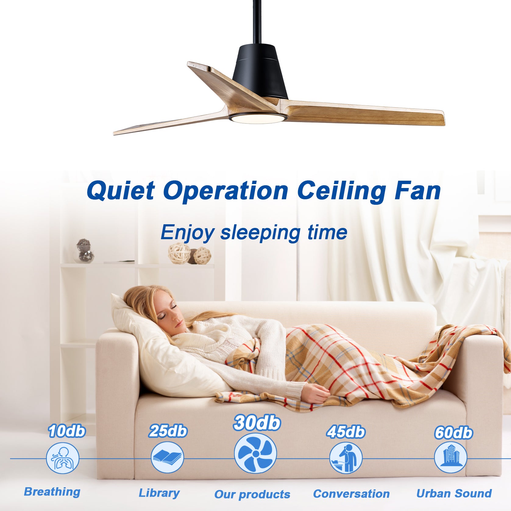 52 inch Decorative Ceiling Fan with Lights,3 Solid Wood Blade, Remote Control, 3CCT Dimmable LED, Timer, 6-Speed Reversible Motor Use for Living Room or Patio image 10