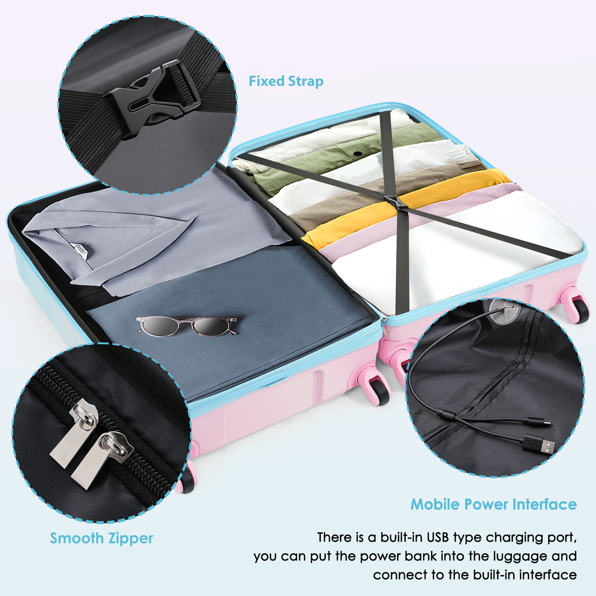 Luggage Set of 3, 20-inch with USB Port, Airline Certified Carry-on Luggage, ABS+PC Hard Shell Luggage with Spinner Wheels, light blue and pink image 4