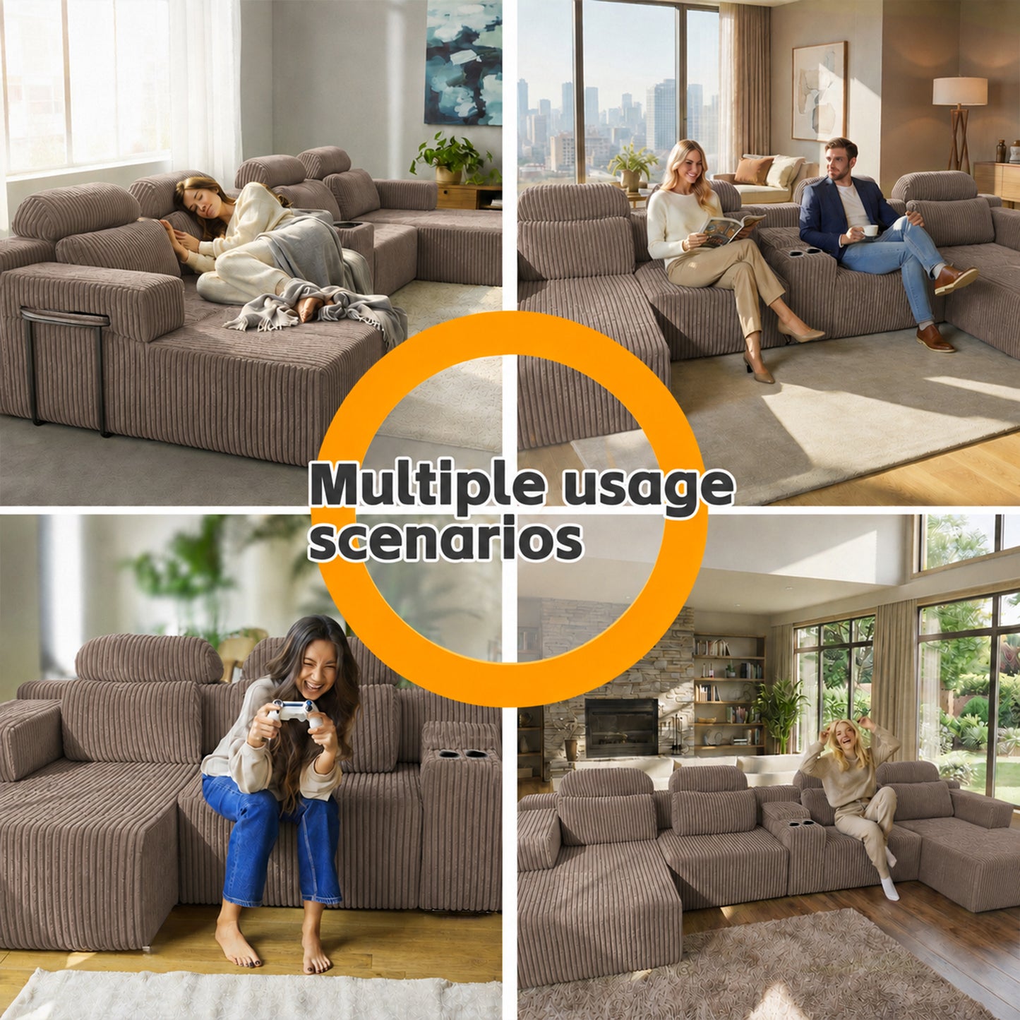 Modern coffee corduroy 6-seater U-shaped sofa with lounge chair and cup holder -145.7 inch oversized modular compression sofa, suitable for home theaters, luxury living spaces, tool free assembly image 4