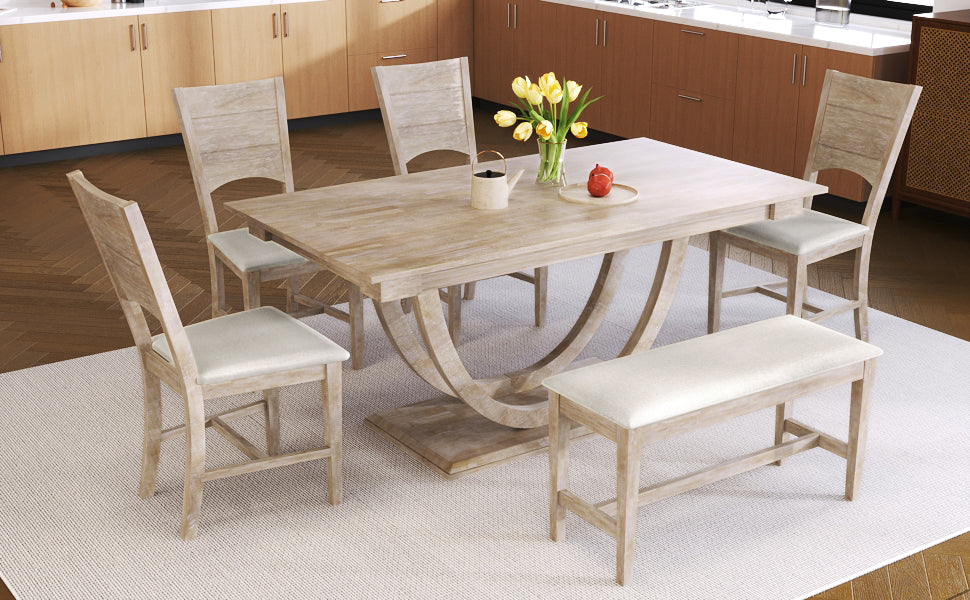 TOPMAX 6-Piece Wood Half Round Dining Table Set Kitchen Table Set with Long Bench and 4 Dining Chairs, Modern Style, Seadrift image 5