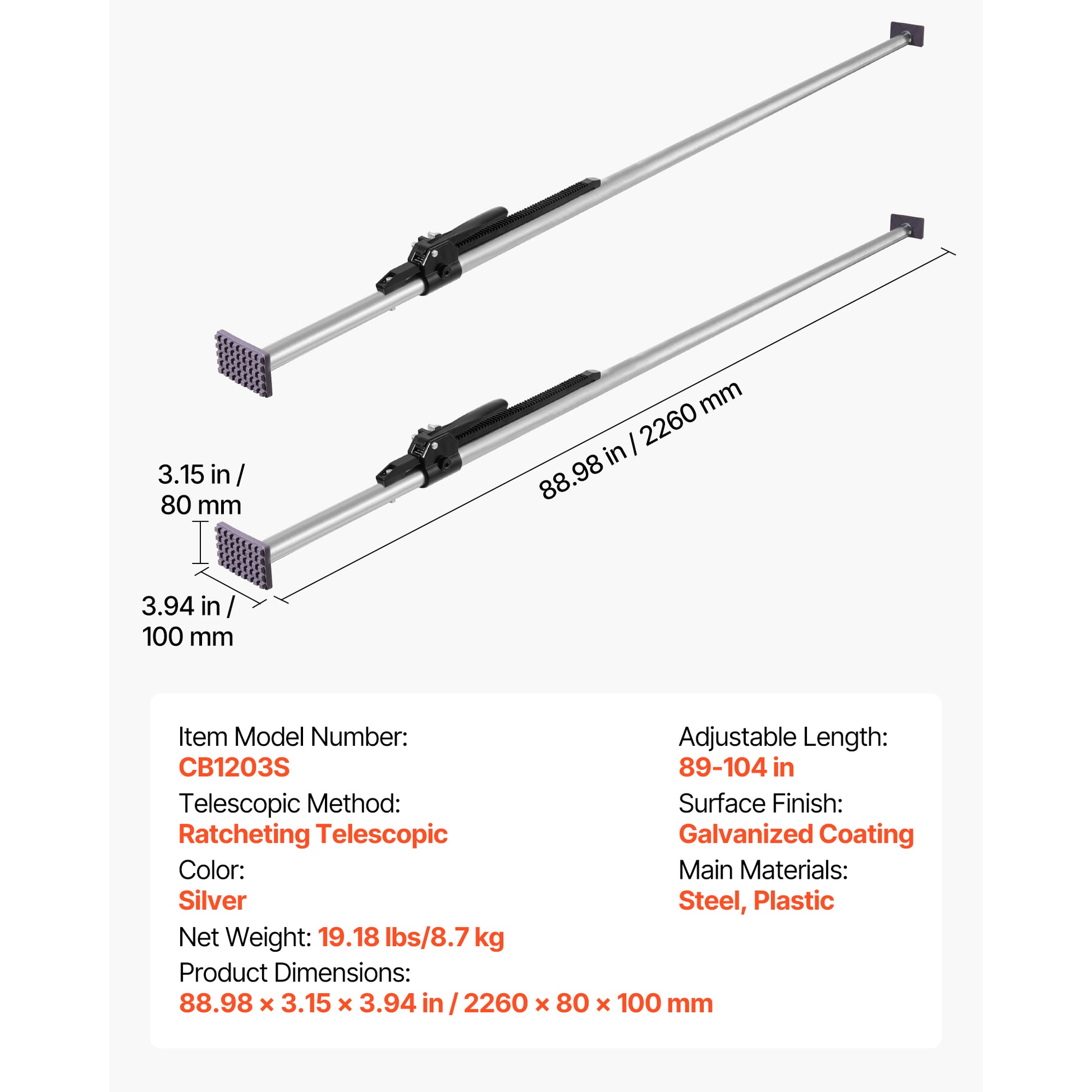 Cargo Bar, Cargo Bar Adjustable from 89" to 104", Heavy-duty Steel Cargos Stabilizer with Non-Slip Foot Pads, Truck Bed Load Lock Bars for Box Trucks, Semi-Trailers, Trailers (2PCS) image 4