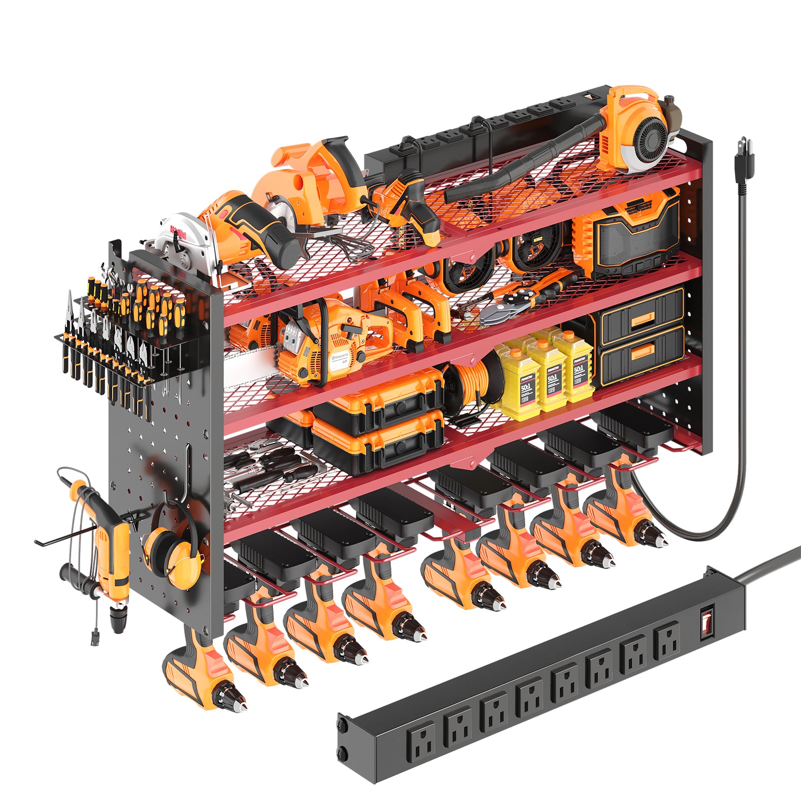 33 inches Modular Wall-Mounted Power Tool Organizer with Charging Station Heavy-Duty Drill Rack with Hooks and 8-Outlet Holder in Red image 1