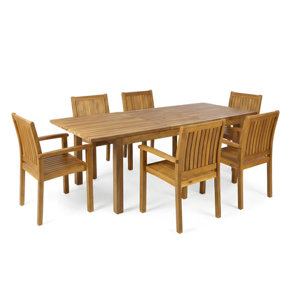 7 Pieces Acacia Wood Outdoor Dining Set s,Modern 6 Chairs 1 Large Table,Dining Furniture Set for Lawn, Backyard, Garden Deck,Poolside,Teak image 3