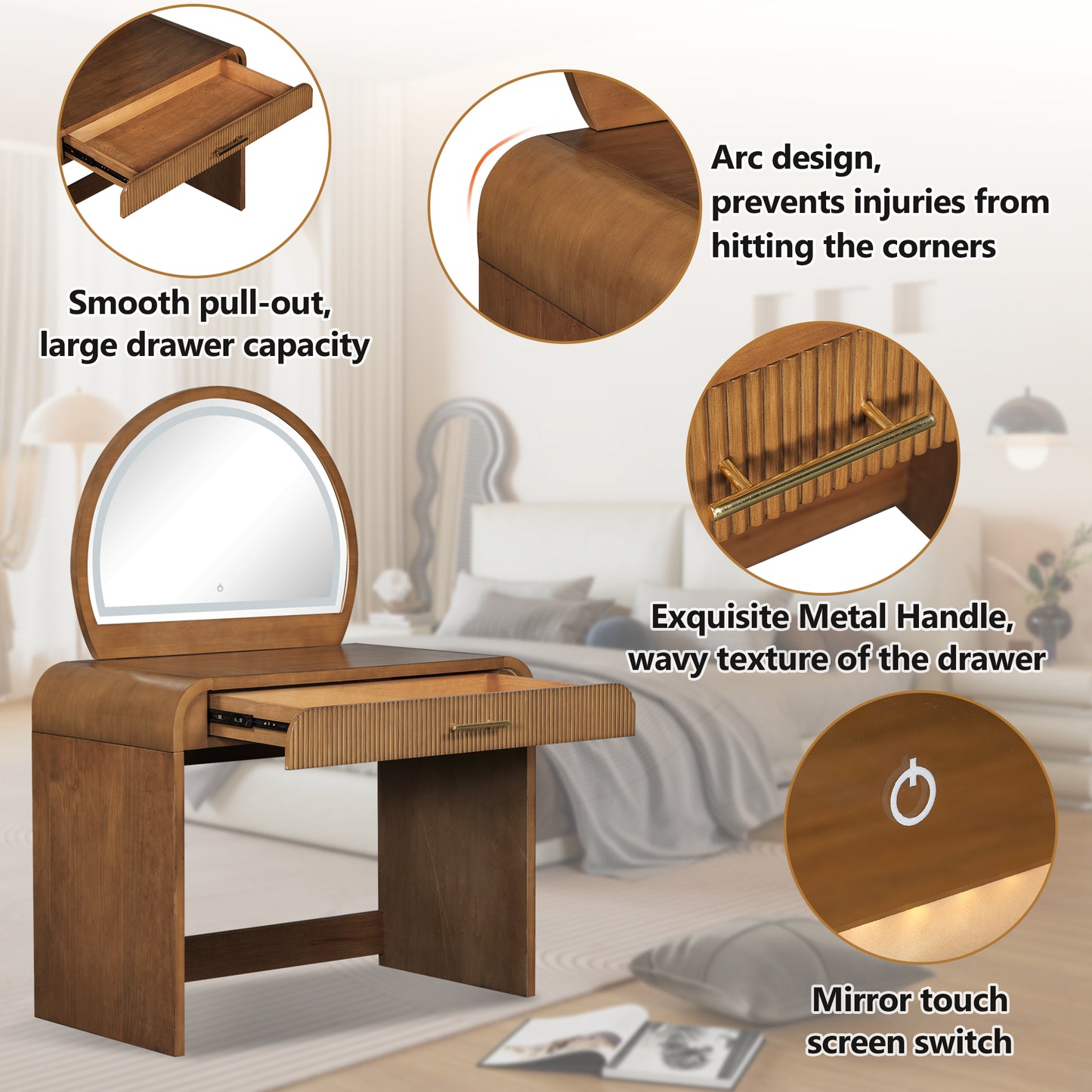 39" Makeup Vanity Table with Mirror Touch Screen Lighted Mirror, Dressing Table with Drawer for Bedroom, Espresso image 5