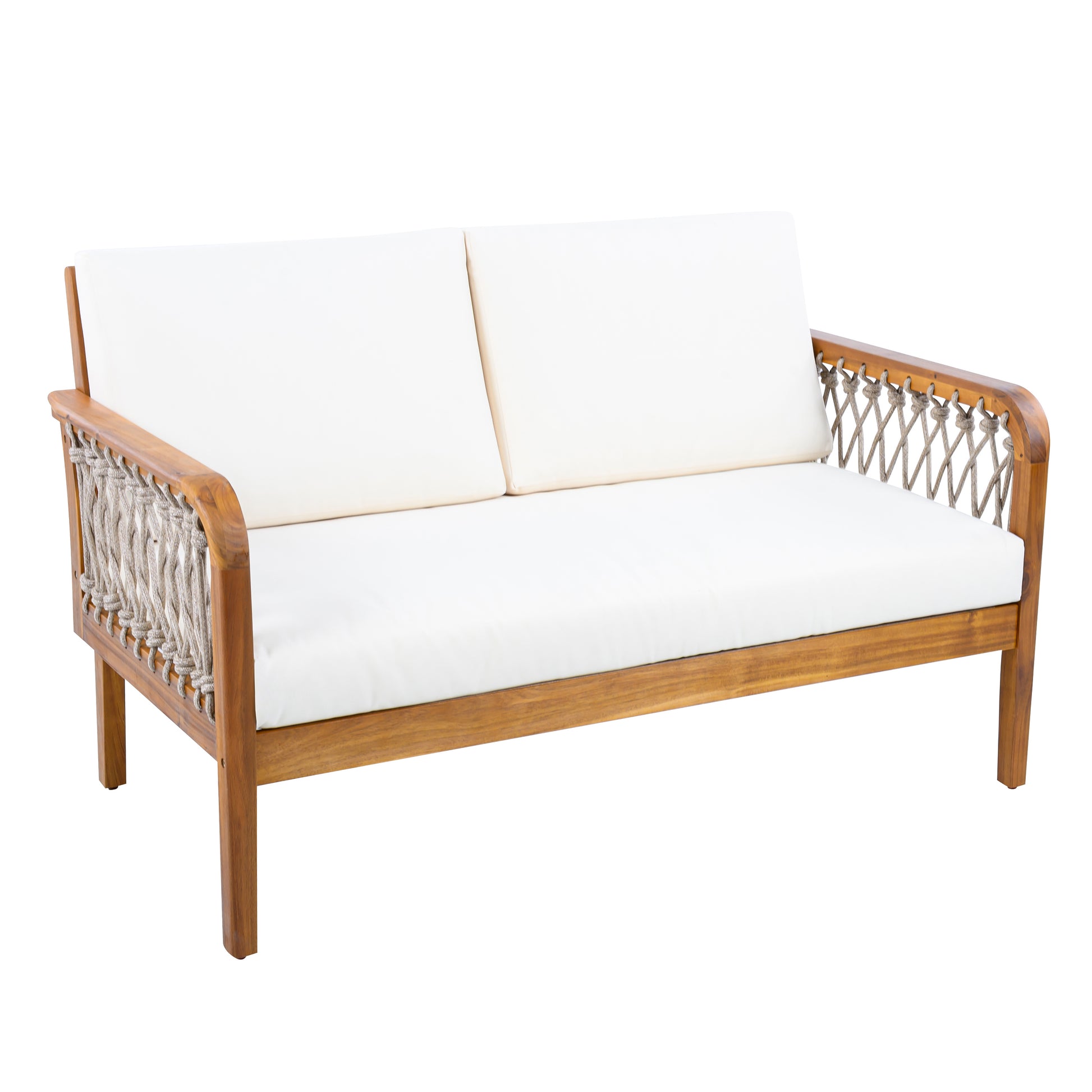 4-Piece Acacia Wood Outdoor Patio Furniture Set, All-Weather Conversation Sofa Set with Rope Woven Armrests, Removable Cushions for Backyard Garden,Teak finish+Oatmeal rope+Cream Beige cushion image 10