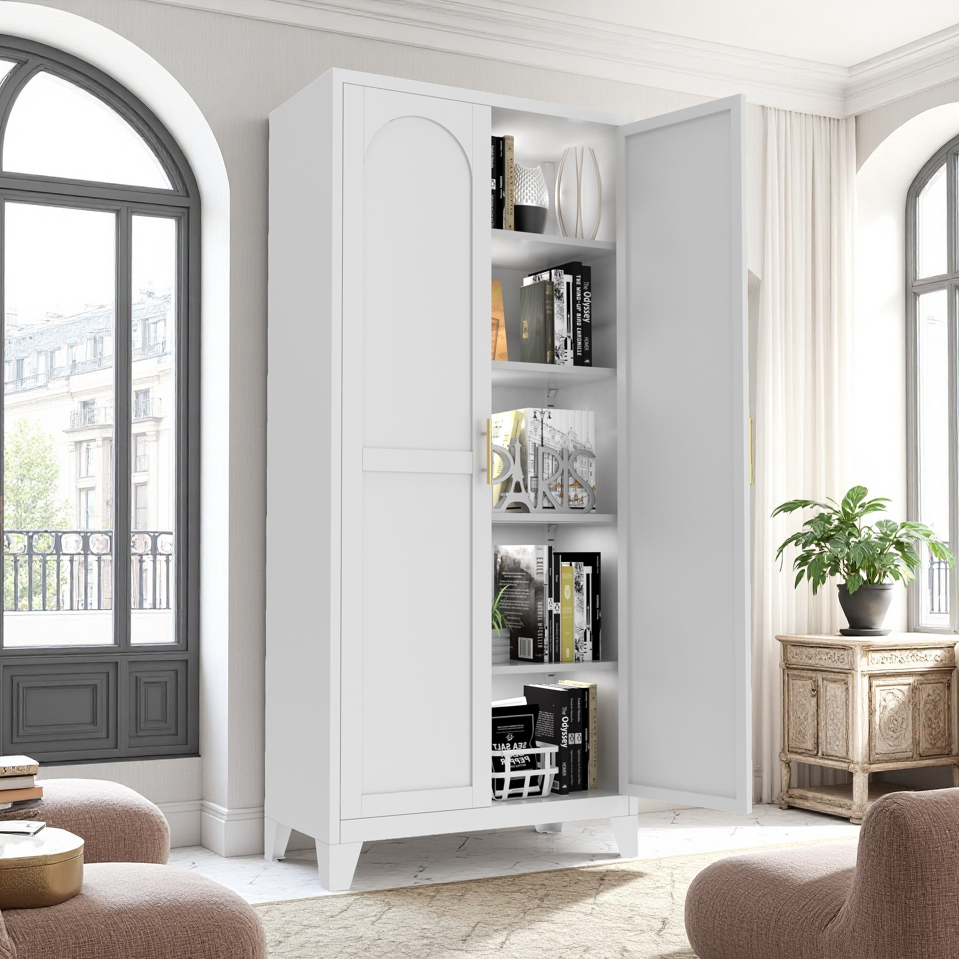 71'' 2 Shapely Doors Cabinet, Metal Storage Cabinet with Doors and Adjustable Shelves, for Bedroom, Living Room, Kitchen(White) image 9