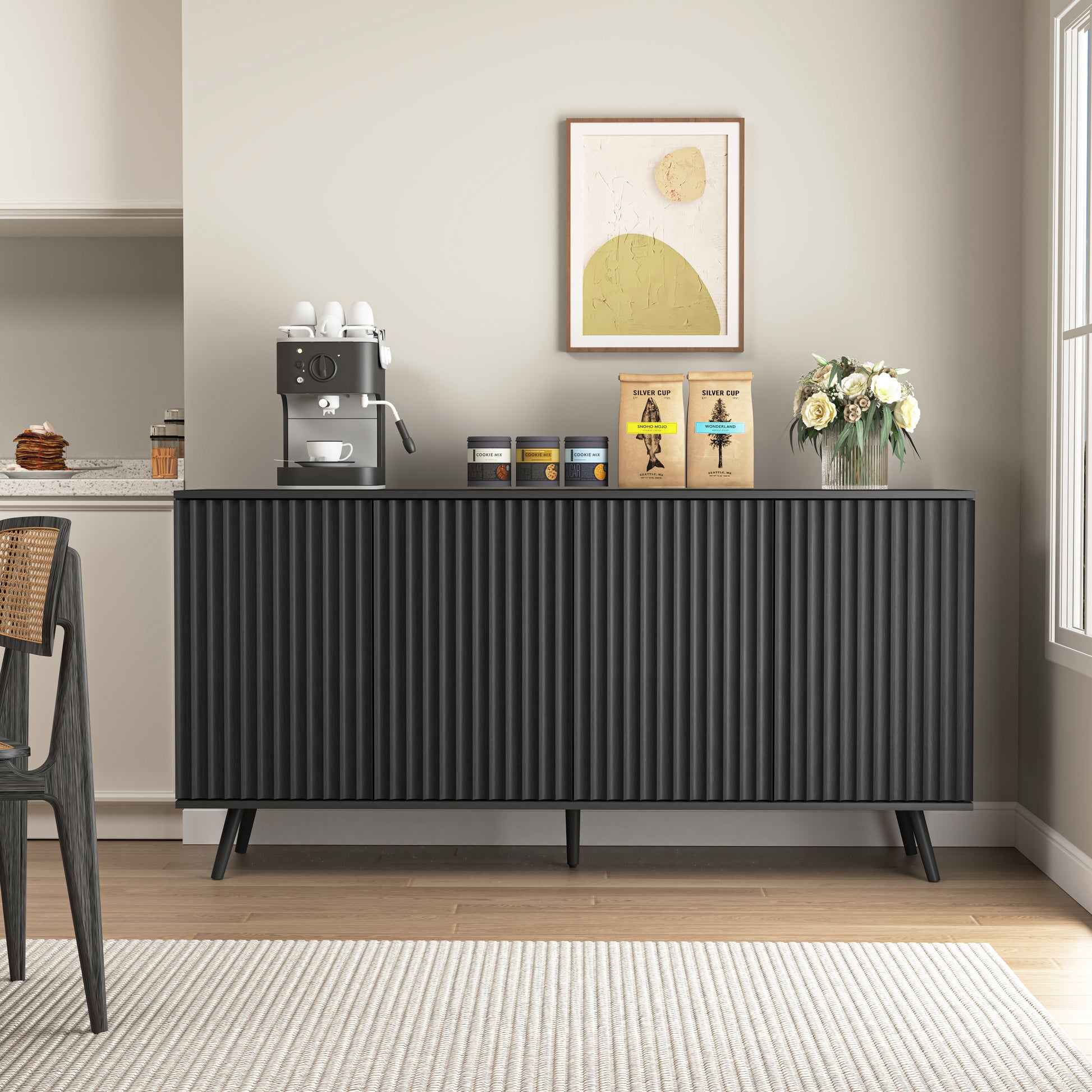 Sideboard Buffet Cabinet with Storage, Long Sideboard Storage Cabinet with 4 Doors, Wood Credenza Console Coffee Bar Cabinets with Adjustable Shelves for Living Room Kitchen Dining Room Black image 7