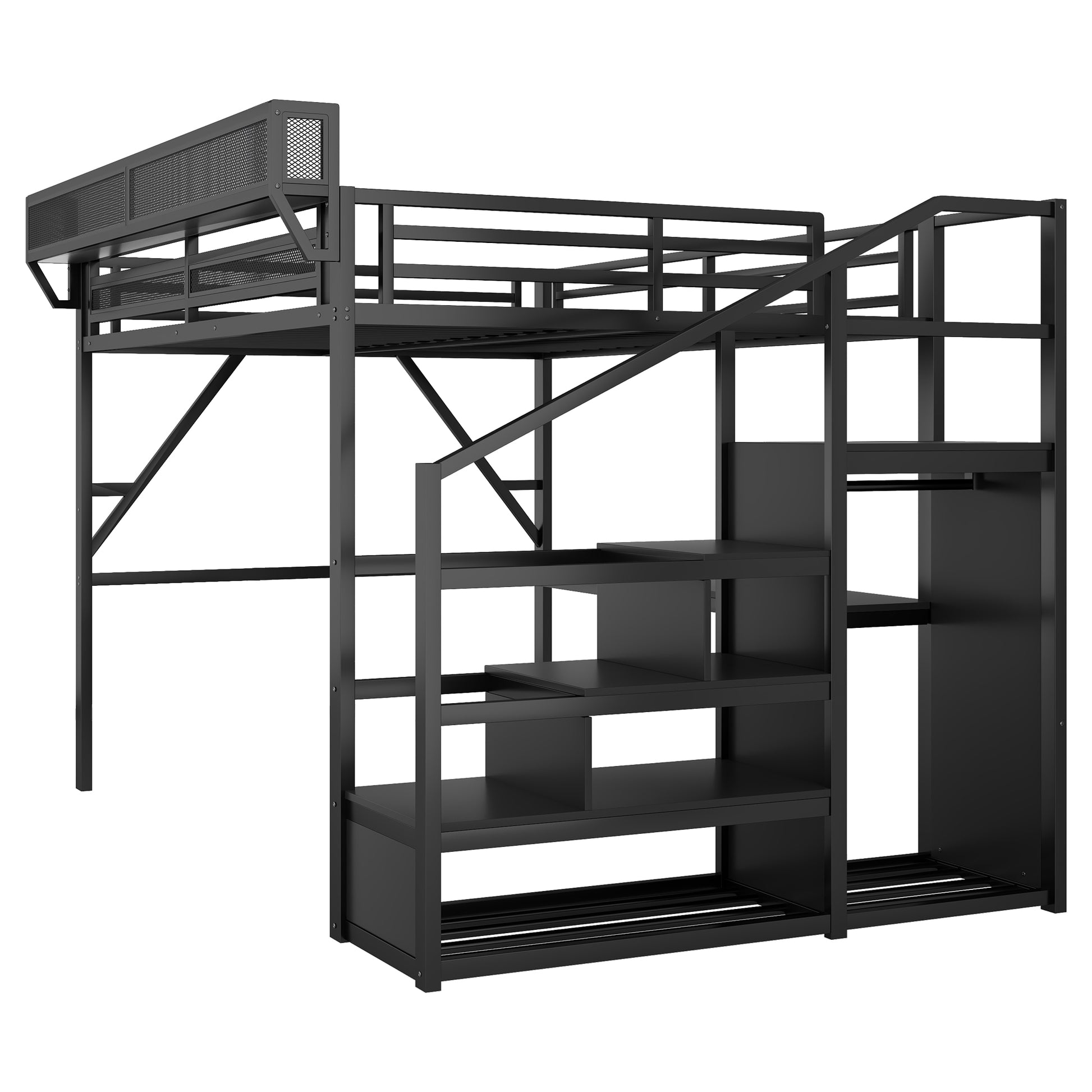 Full Loft Bed with Desk and Charging Station, Full Size Metal Loft Bed with Stairs and Light for Kids Teens, Black image 9