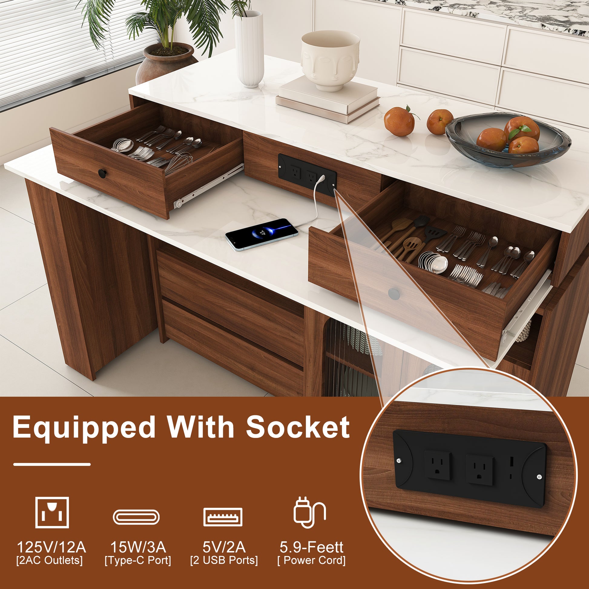 Kitchen Island with Extendable & Rotating Table, MDF with Walnut Veneer Retro Design, 4 Drawers & Glass Door Cabinets with Built-in Socket, Expandable Dining Station for 2-4 Person (Walnut) image 7