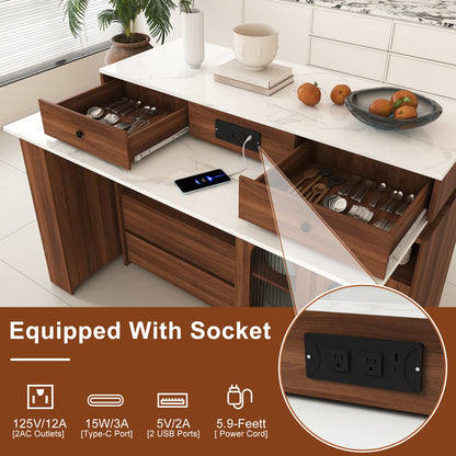 Kitchen Island with Extendable & Rotating Table, MDF with Walnut Veneer Retro Design, 4 Drawers & Glass Door Cabinets with Built-in Socket, Expandable Dining Station for 2-4 Person (Walnut) image 7