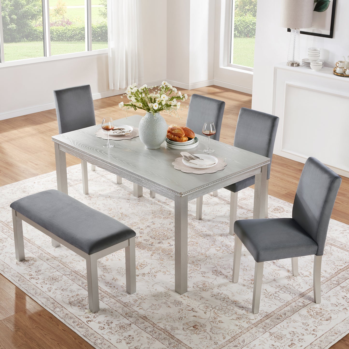 6 Piece Wooden Dining Table Set, Wooden Dining Table with 4 Upholstered Chairs and Bench for 6 People, Rectangular Dining Table Set with Crystal Decoration for Kitchen, Dining Room, Silver grey image 1