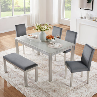 6 Piece Wooden Dining Table Set, Wooden Dining Table with 4 Upholstered Chairs and Bench for 6 People, Rectangular Dining Table Set with Crystal Decoration for Kitchen, Dining Room, Silver grey image 1