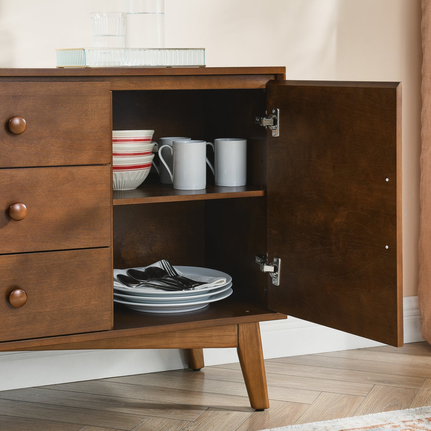 47.3" Mid Century Modern Sideboard Buffet Cabinet with Storage, Storage Cabinet with 2 Doors and 3 Drawers for Kitchen Dining Living Room, Accent Console Table, Walnut image 8