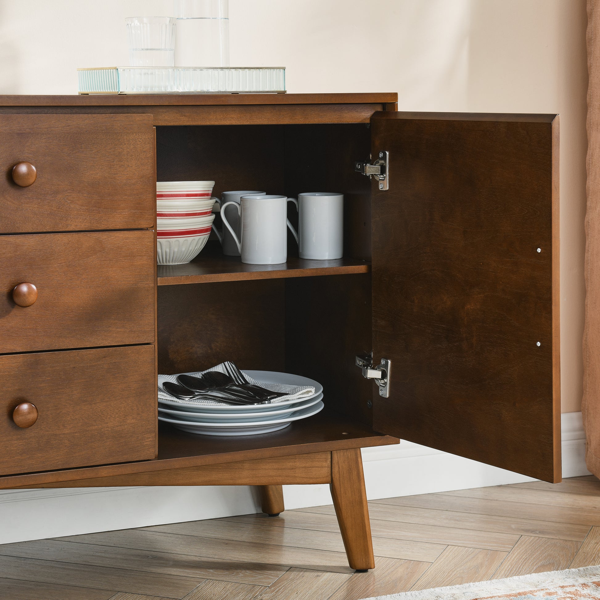 47.3" Mid Century Modern Sideboard Buffet Cabinet with Storage, Storage Cabinet with 2 Doors and 3 Drawers for Kitchen Dining Living Room, Accent Console Table, Walnut image 8