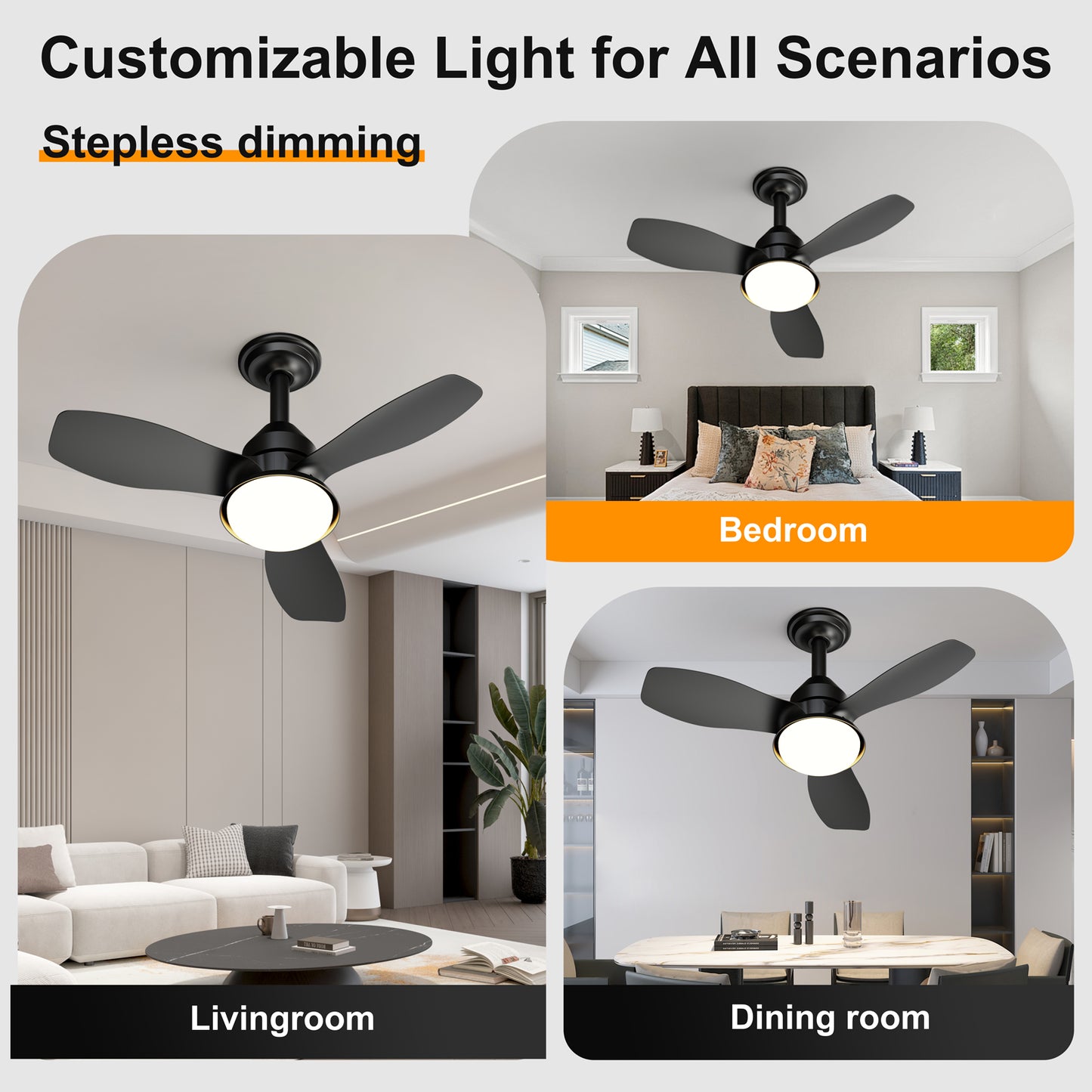 24.4" Black Ceiling Fan with Light, 3 Blades, 6-Speed Reversible Quiet DC Motor, Dimmable LED, APP & Remote Control, Flush Mount for Bedroom Living Room Covered Patio image 8