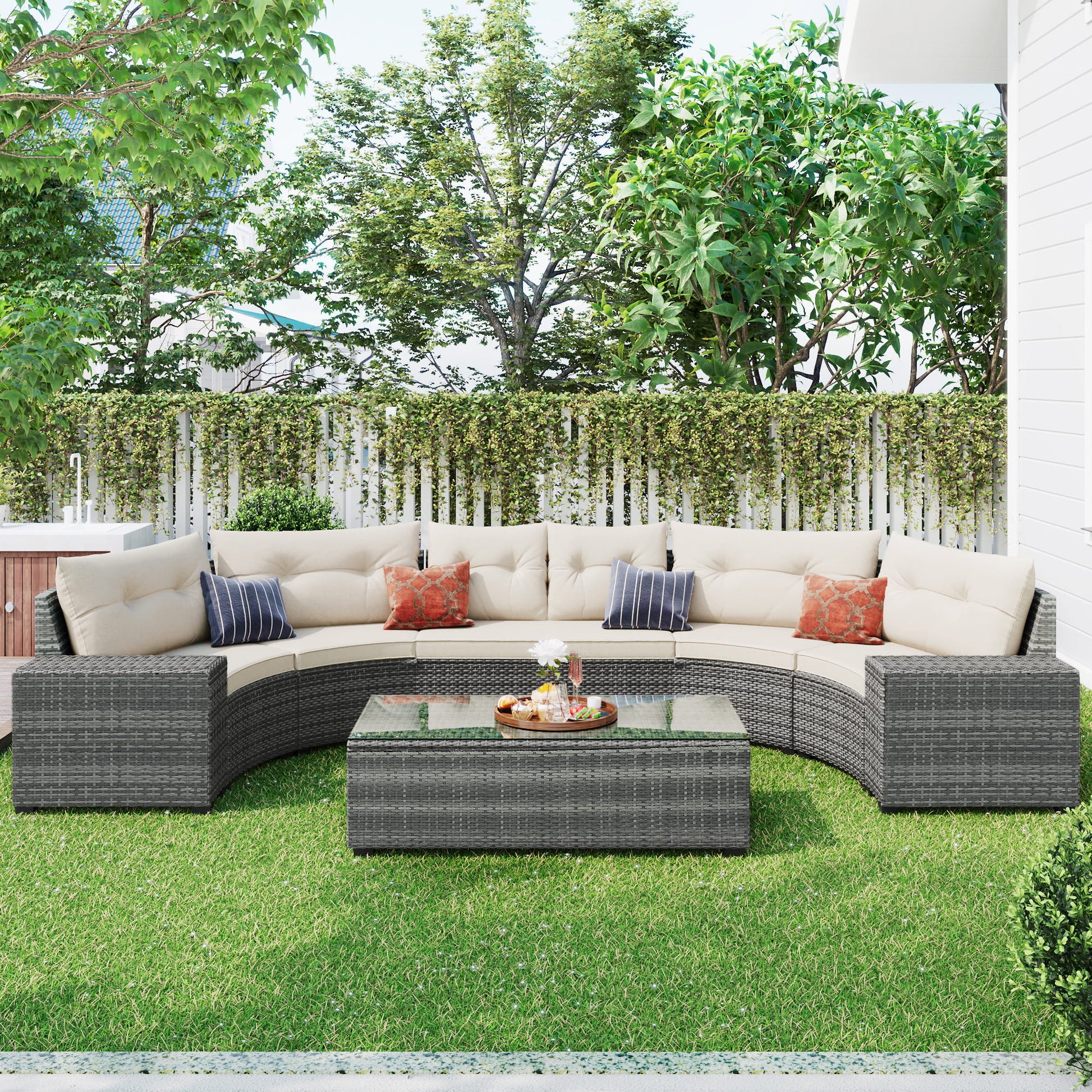 <Old SKU: FG201215AAA> 8-pieces Outdoor Wicker Round Sofa Set, Half-Moon Sectional Sets All Weather, Curved Sofa Set With Rectangular Coffee Table, PE Rattan, Movable Cushion, Beige image 2