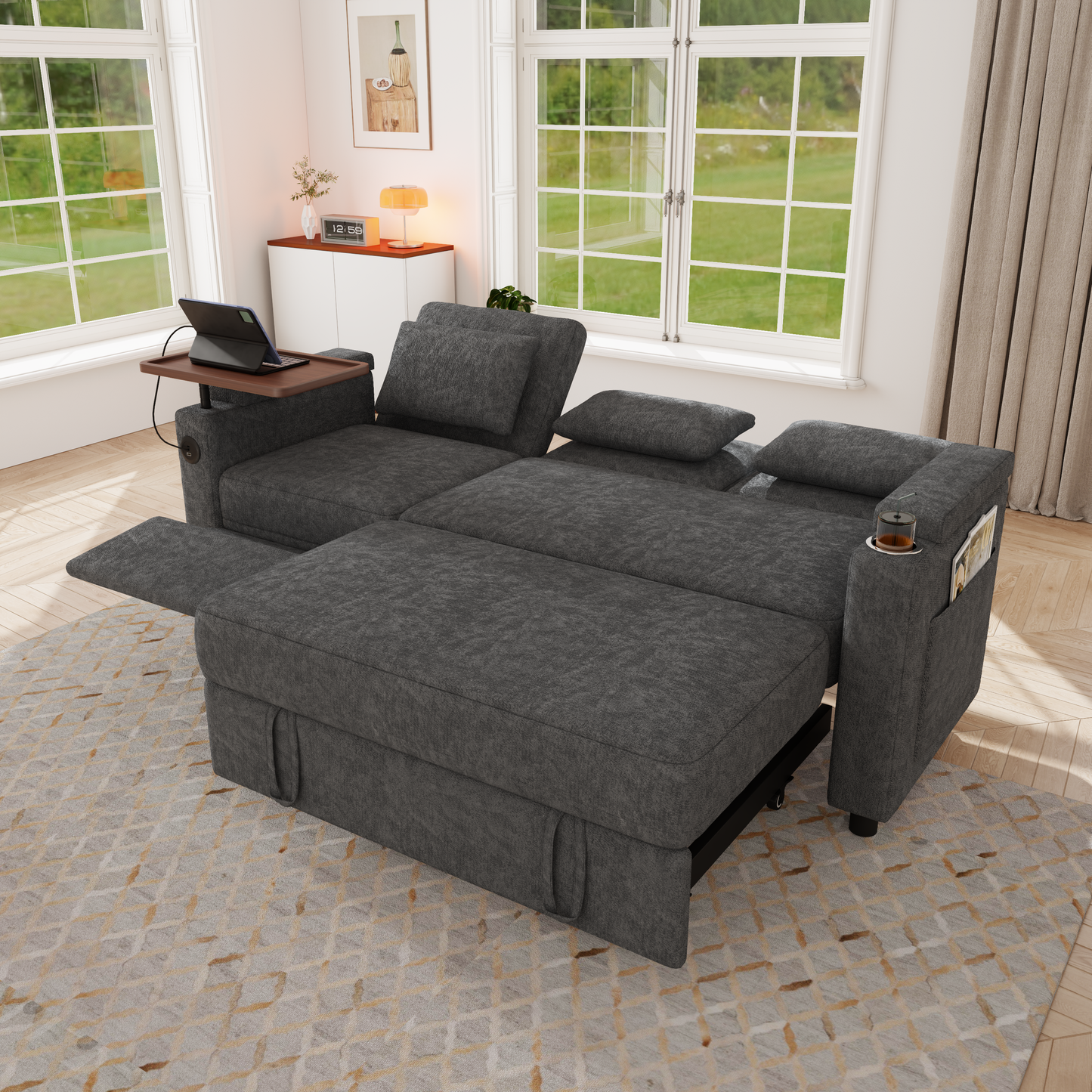 81-inch 3-in-1 foldable three-person sofa bed with a table board and USB ports, armrests with storage function. High-quality chenille three-person sofa. The sofa bed features adjustable backrest and p image 6