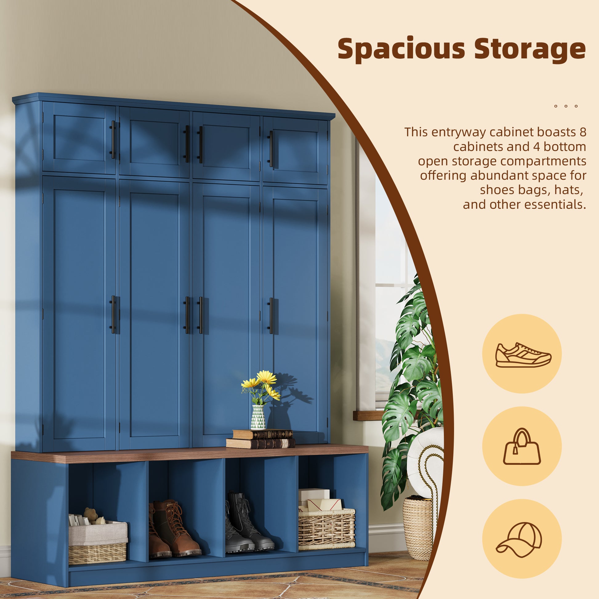 Farmhouse Hall Tree with 4 Hidden Hanging Hooks, Versatile Walnut Seating Bench with 8 Doors, Entryway Shoe Cabinet with Open Compartment for Living Room, Blue (OLD SKU:N721S000059C) image 4