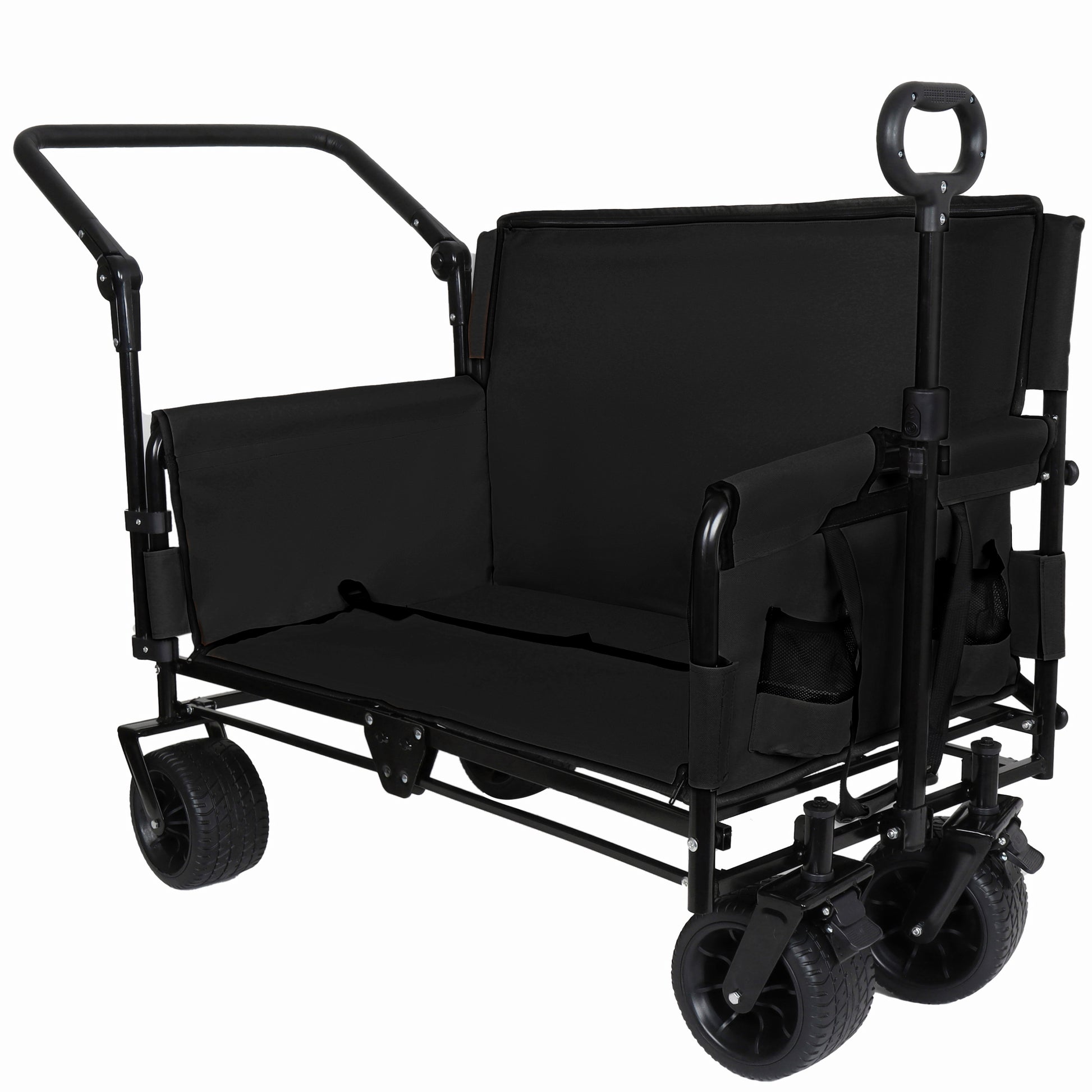 3-in-1 Folding Wagon Cart with Bench Seat & Canopy & Storage, 500lbs Heavy-Duty, 180L Capacity, All-Terrain Wagon for Camping, Beach, Sports, & Garden, Black image 12