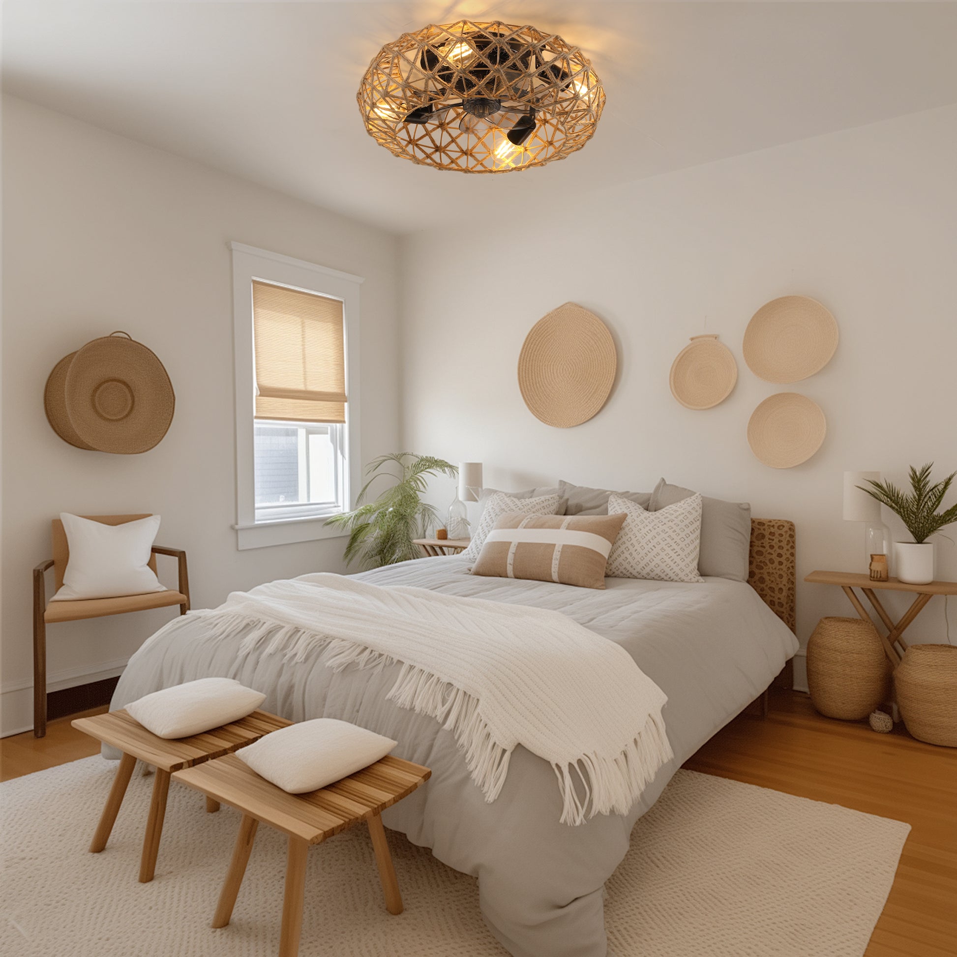 Ceiling-mounted Jute Rope Fan Light Strip with 4 Bulbs, Dimmable, 7 Dlades, Reversible DC Motor image 5