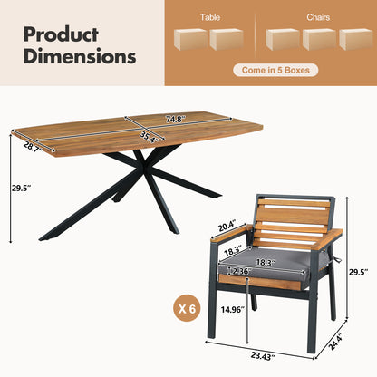 Modern 7-Piece Dining Set, Acacia Wood with Iron Frame, 6 Chairs with Dual-Layer Iron & Wood Seat Frame and Detachable Cushions, Outdoor/Indoor Furniture for Patio and Garden, Gray image 8