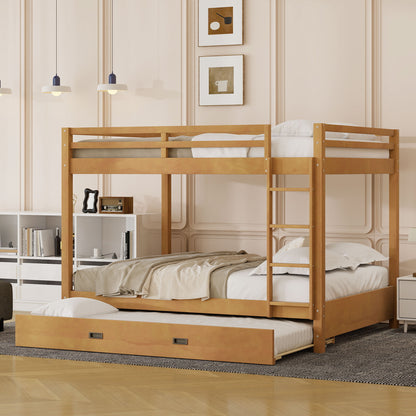 Wood Queen Size Bunk Bed with Ladder and Trundle, Wood Color image 2