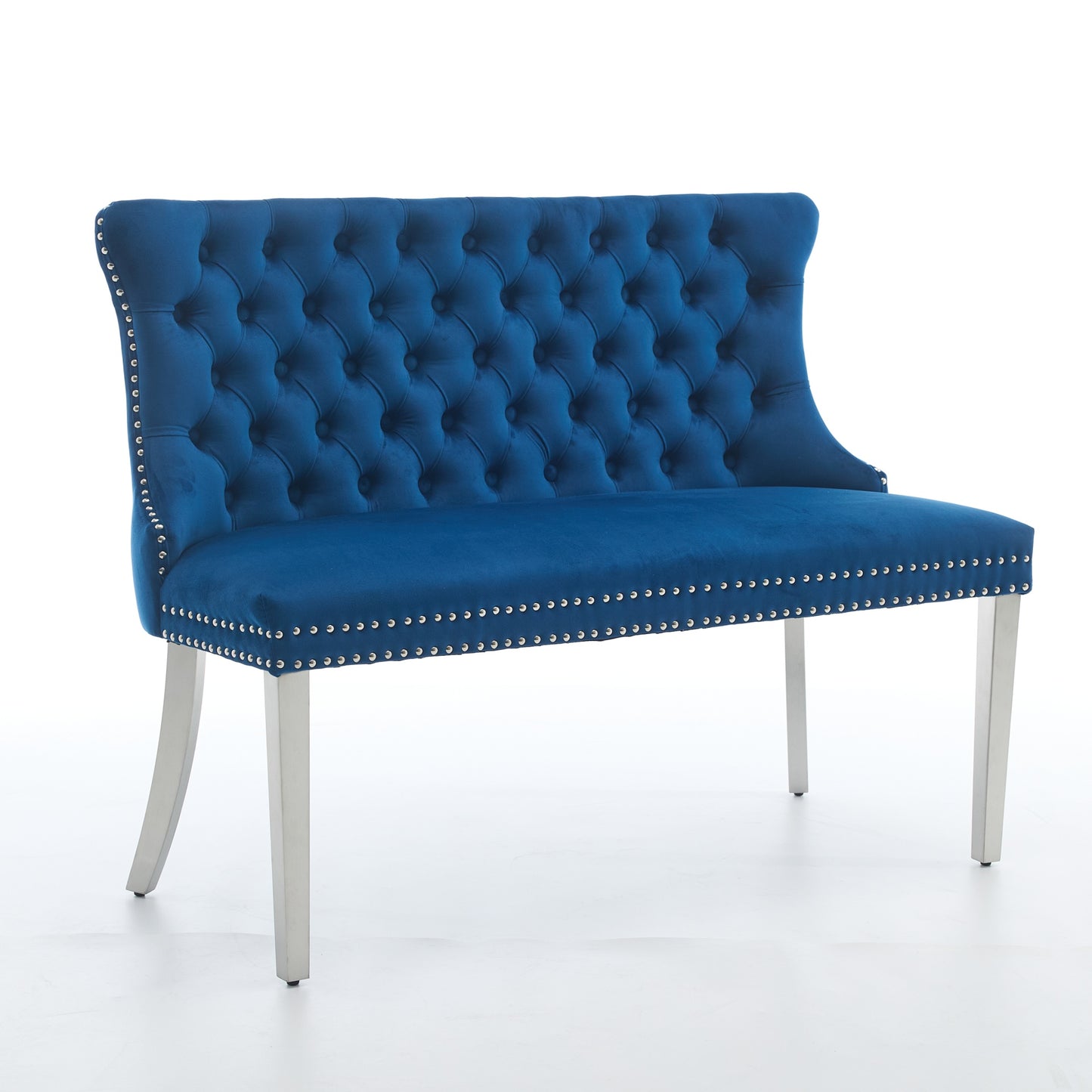Velvet Double Dining Loveseat Bench, Kitchen & Dining Seating, 2-Seat Tufted Bench w/Handmade Buttons, Wing Back, Brushed Silver Stainless Steel Legs, Mid Century Modern,Single Pack,Blue,SW1702BL image 3
