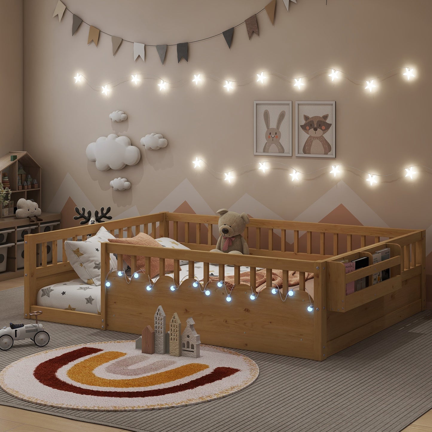 Full Montessori Floor Bed Frame with High Rails, Wood Kids Floor Beds with Light and Storage Shelf, Natural (Expect Arrival Date 2025/8/15) image 2