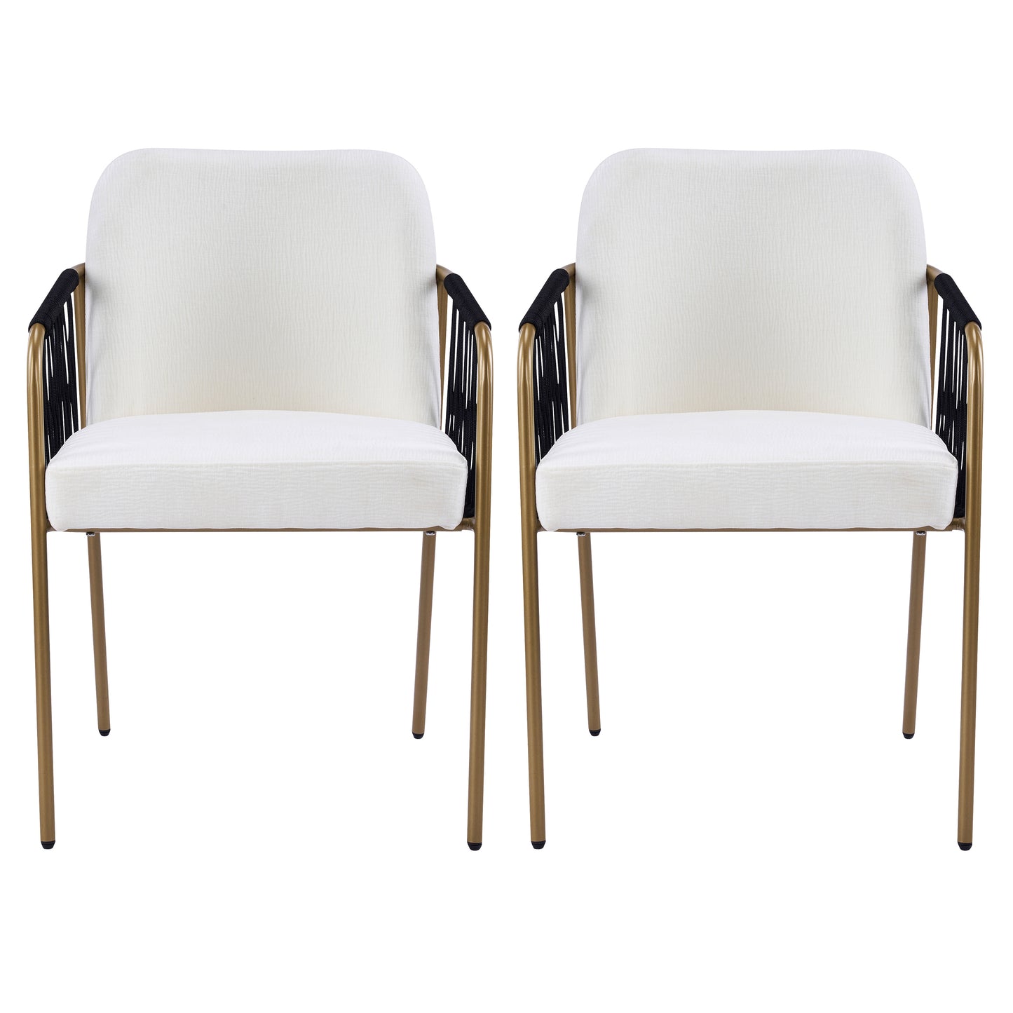 Modern Glam Upholstered Dining Chairs (Set of 2),Gold Metal Frame with Black Woven Armrests, Beige Fabric Seat image 1
