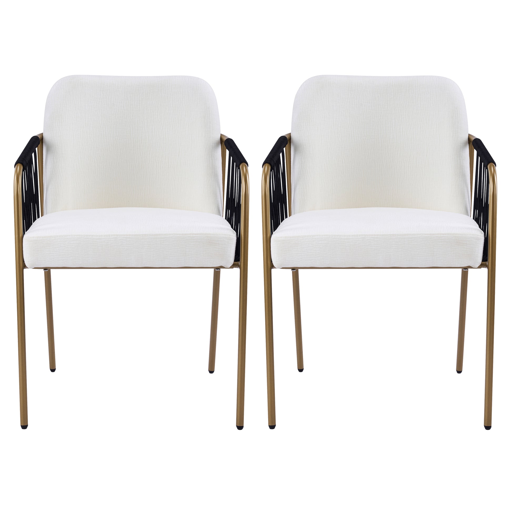 Modern Glam Upholstered Dining Chairs (Set of 2),Gold Metal Frame with Black Woven Armrests, Beige Fabric Seat image 1