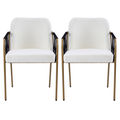 Modern Glam Upholstered Dining Chairs (Set of 2),Gold Metal Frame with Black Woven Armrests, Beige Fabric Seat image 1