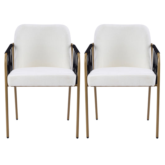Modern Glam Upholstered Dining Chairs Set of 2 - Gold Metal Frame with Black Woven Armrests and Beige Fabric Seat - Front View